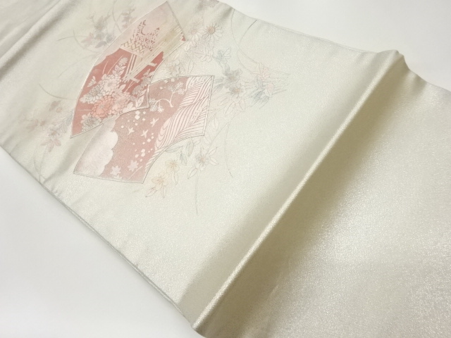 リサイクル　銀彩銀駒刺繍秋草に地紙・屋敷・波模様名古屋帯